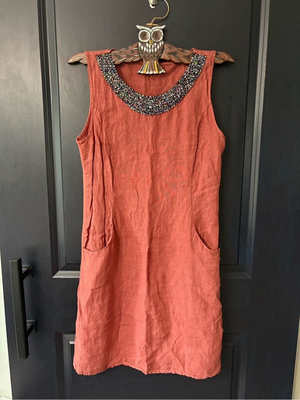 Lina Tomei rust linen blend sleeveless dress with beaded neckline